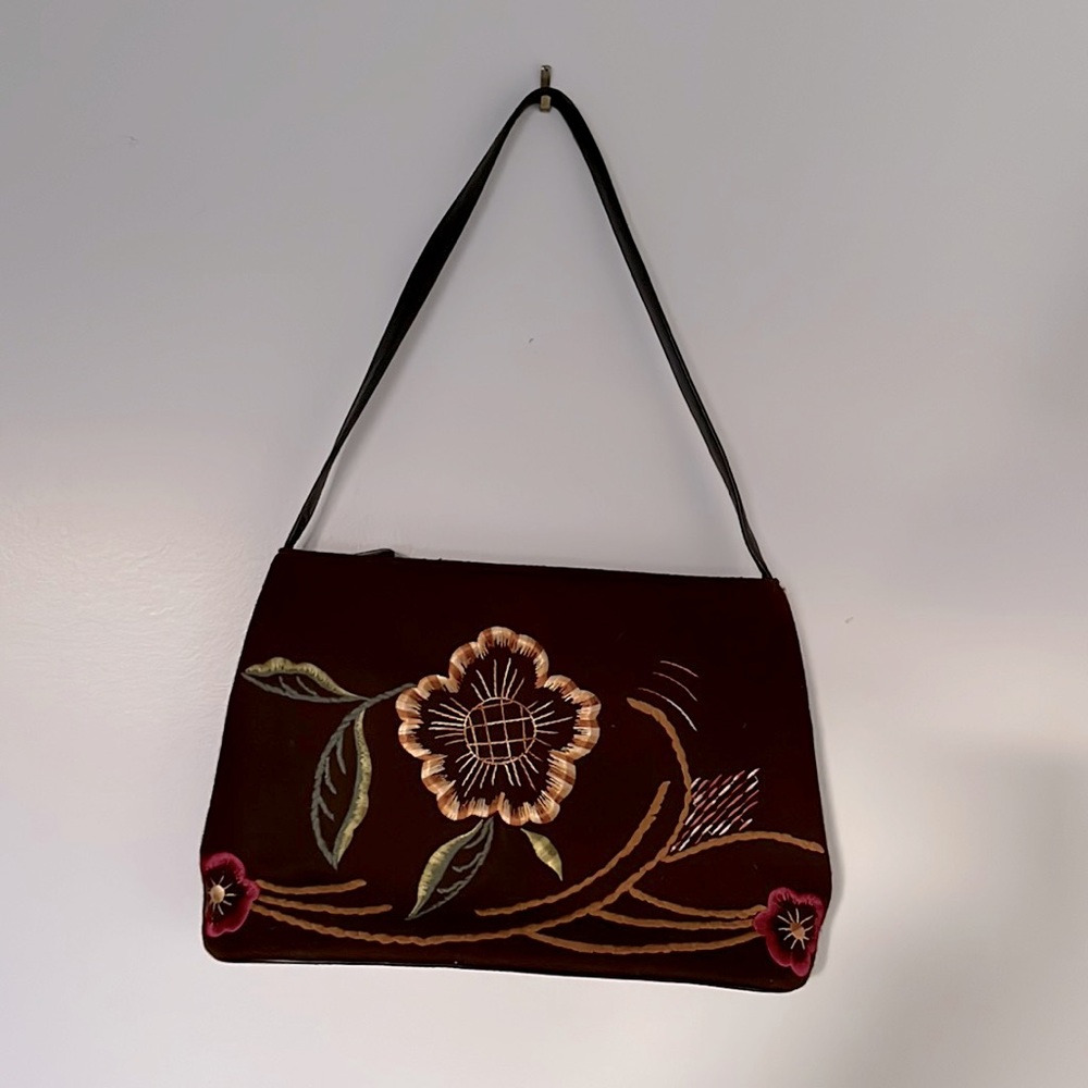 Sarah Violet Brown Floral Embroidered Handbag
